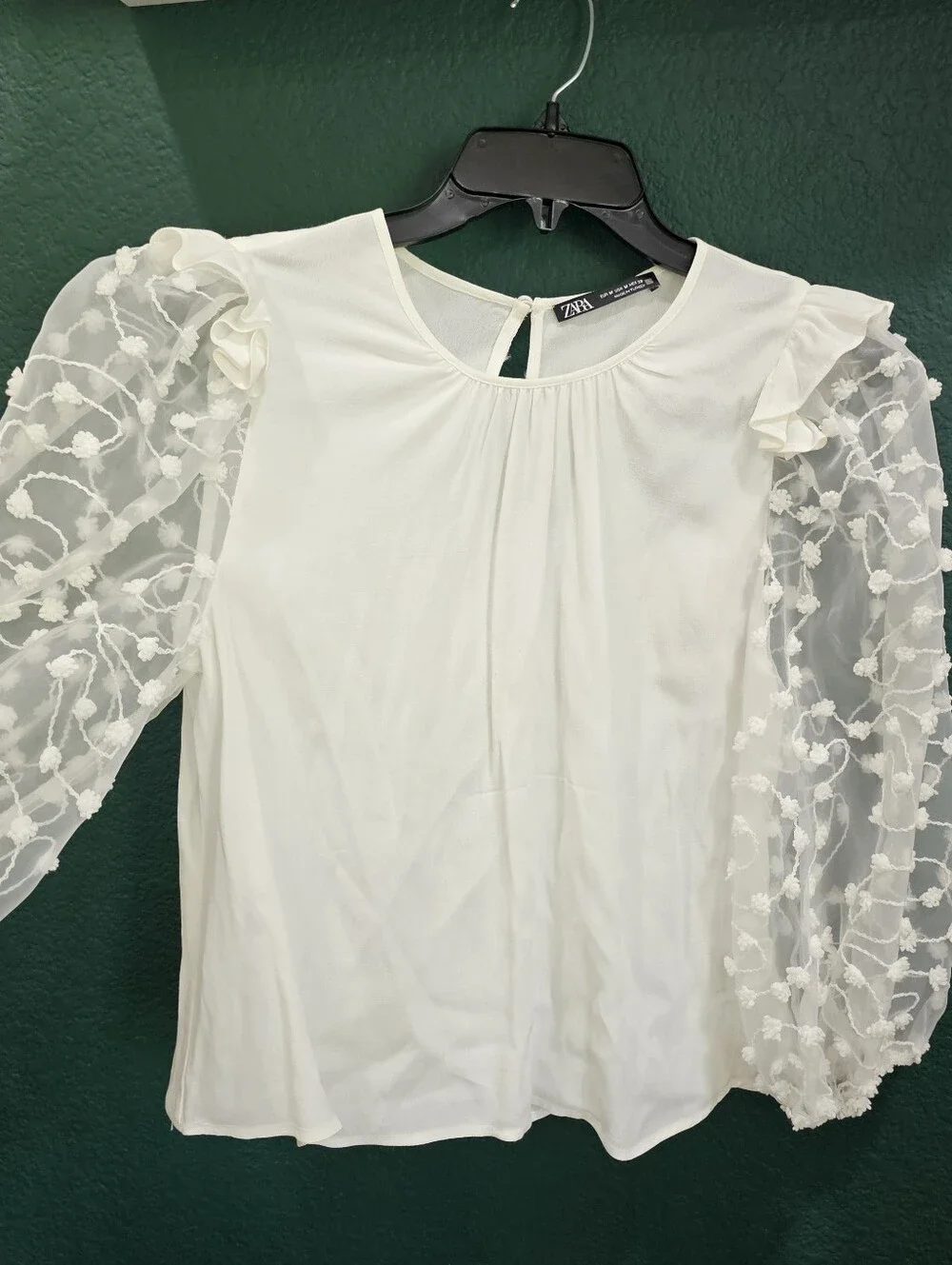Zara White Embroidered Sheer Puff Sleeve Blouse Medium Floral Mesh